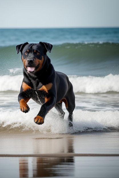 Een rottweilerhond rent op het strand