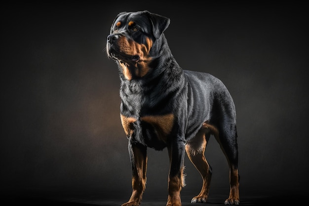 Een rottweilerhond staat op een zwarte achtergrond.