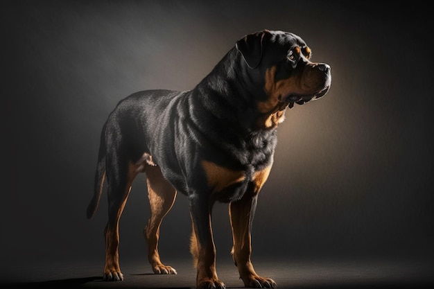 Een rottweilerhond staat voor een donkere achtergrond.