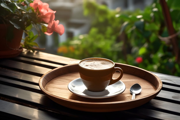 Een royale kop koffie op een houten dienblad