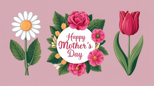 een roze achtergrond met bloemen en een kaartje voor Moedersdag