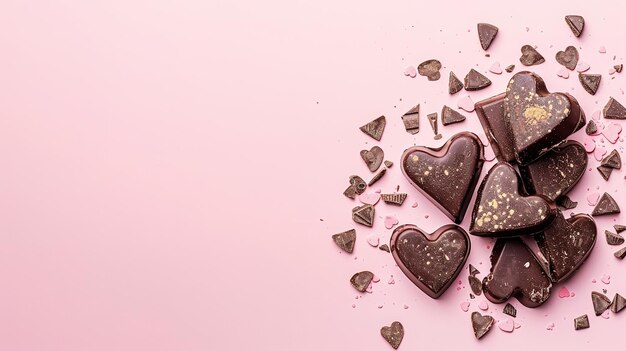 Een roze achtergrond met chocolade harten verspreid over het