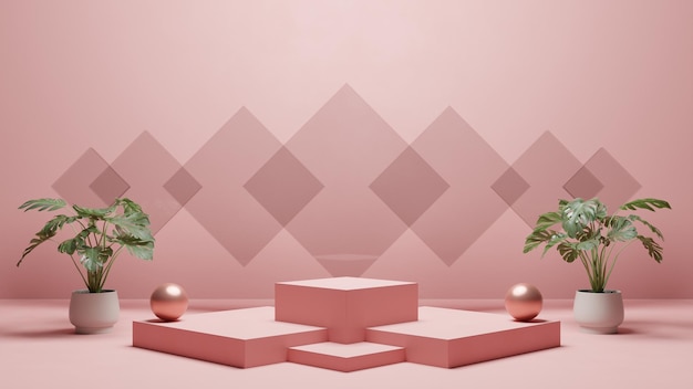 Een roze achtergrond met een roze doos en een plant erop