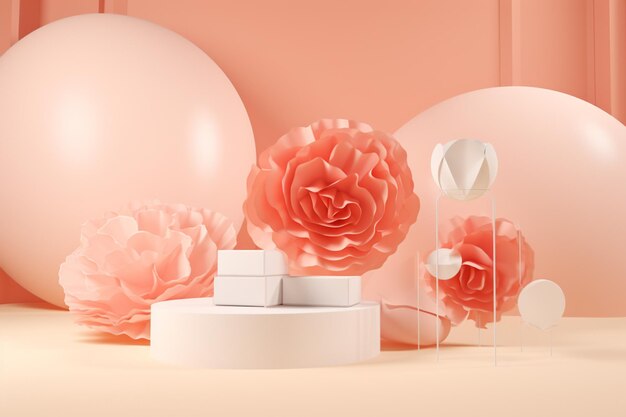 Een roze achtergrond met een witte doos en ballonnen met een roze achtergrond.