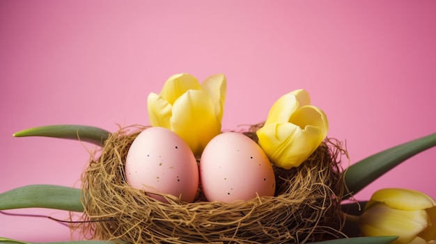 Een roze achtergrond met gele tulpen in een nest.