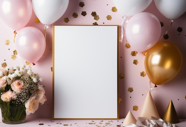 een roze achtergrond met gouden en roze ballonnen en een gouden frame met gouden glitter en gouden glitzer