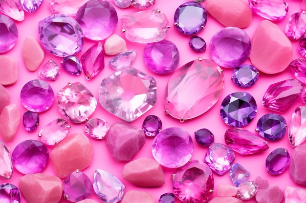 Een roze achtergrond met verschillende edelstenen