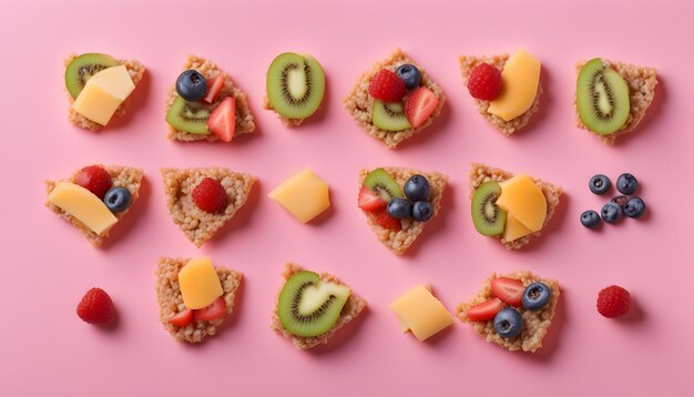 een roze achtergrond met verschillende soorten fruit en een koekje