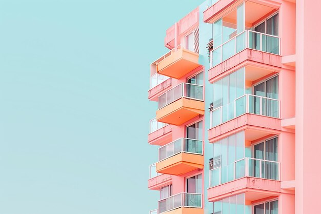 een roze appartementengebouw met balkons en balkons