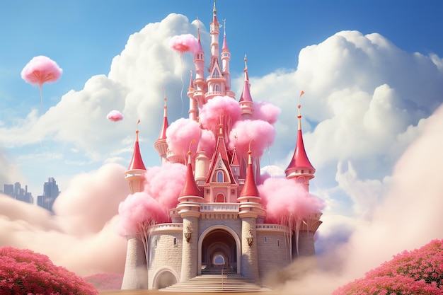 een roze Assepoester-droomkasteel omringd door roze wolken in de speelse stijl van zbrush