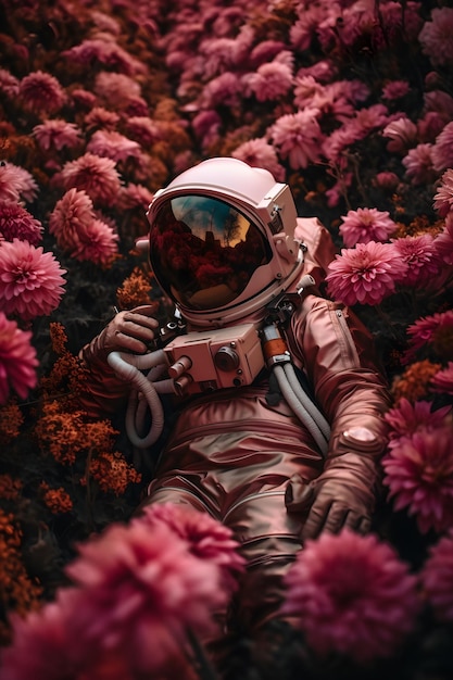 Een roze astronaut in een bloemenveld