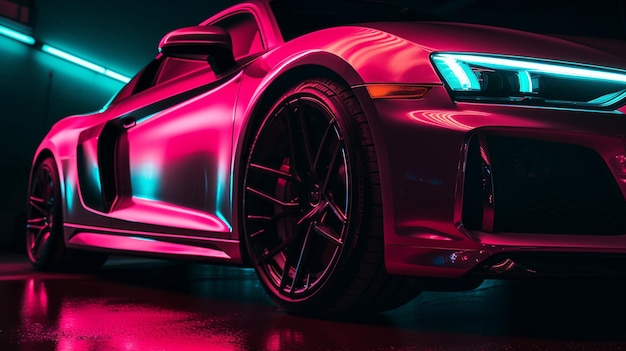 Een roze audi r8 zit in een donkere kamer