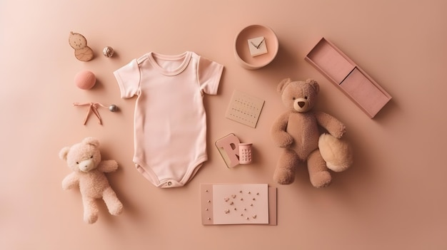 Een roze babykleertjes set met een babybeer en een roze teddybeer.