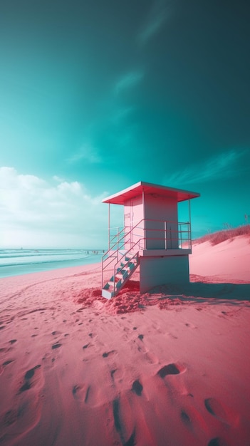 Een roze badmeestertoren op een strand met een blauwe lucht op de achtergrond.