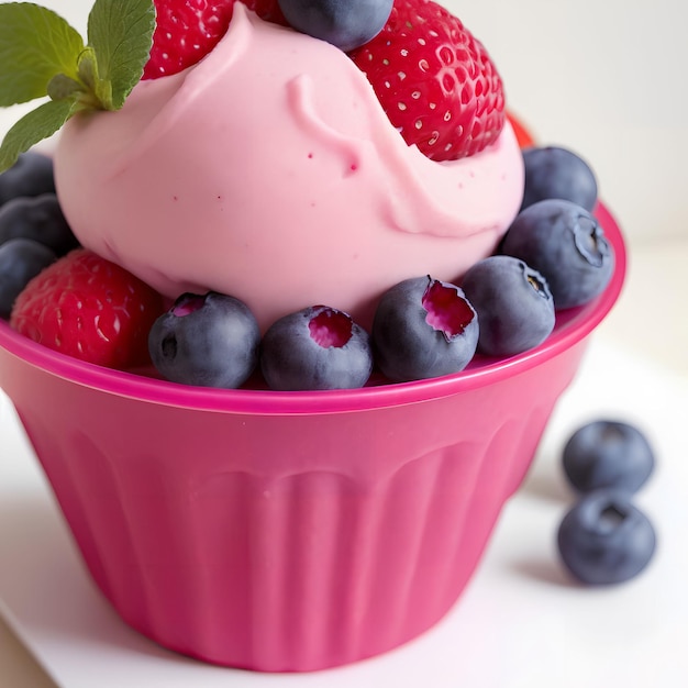 Een roze bakje yoghurt met bosbessen en aardbeien.