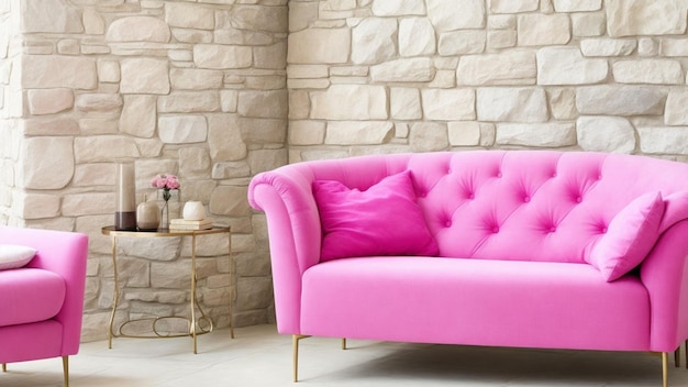 Een roze bank met een bakstenen muur.