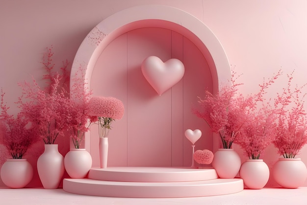 een roze bed met bloemen en een hartvormige deur
