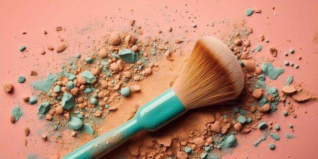 Een roze blauwe en gele make-up penseel op een kleurrijke achtergrond