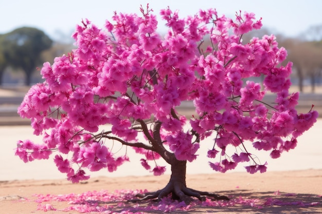 een roze bloeiende boom in het midden van de woestijn