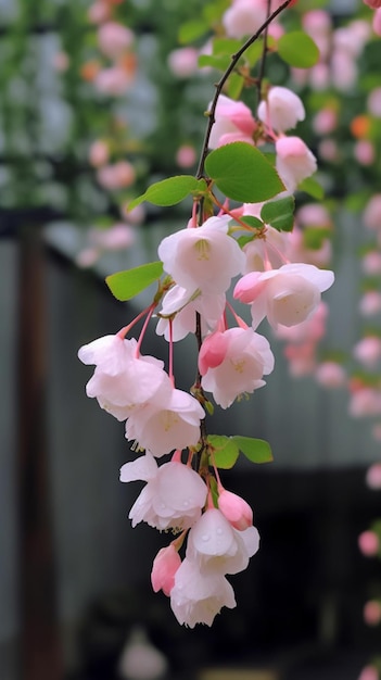 Een roze bloem die aan een boom hangt