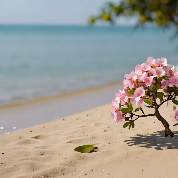 Een roze bloem groeit in het zand op een strand.