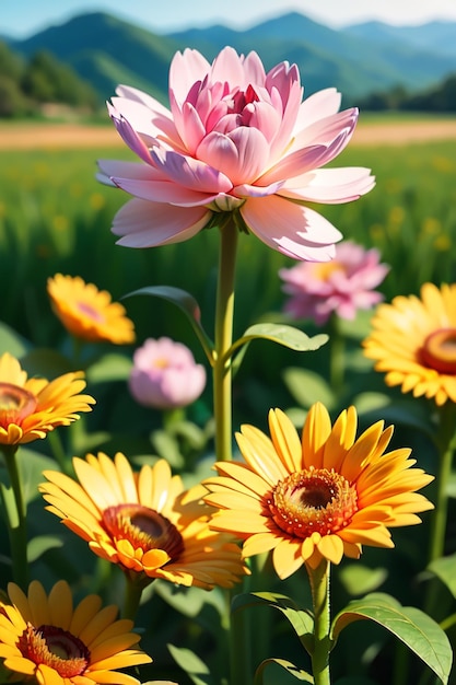 Een roze bloem in een bloemenveld