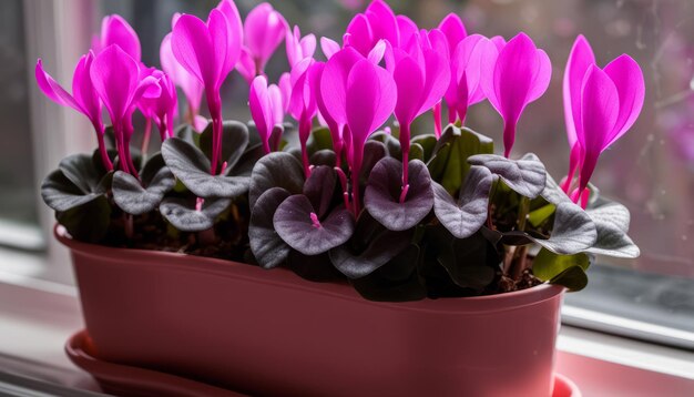 Een roze bloem in een pot.