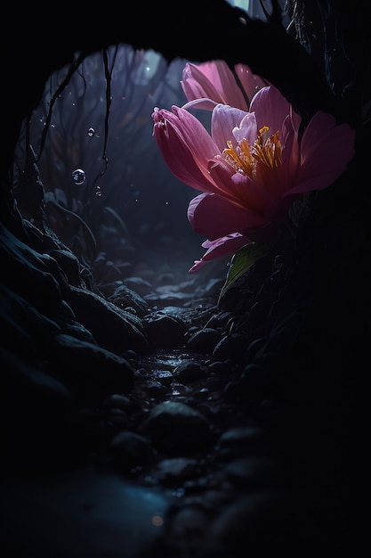 Een roze bloem in het donker