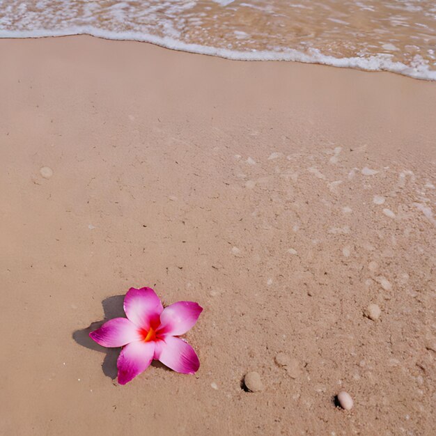 Een roze bloem is op het strand in het zand.