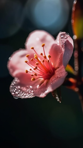 Een roze bloem met dauwdruppels erop