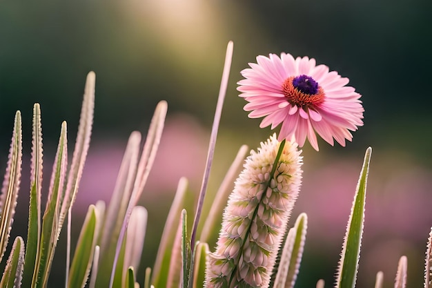 Een roze bloem met de naam van de bloem.