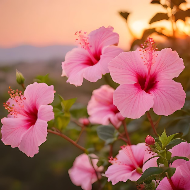 een roze bloem met de zon achter zich