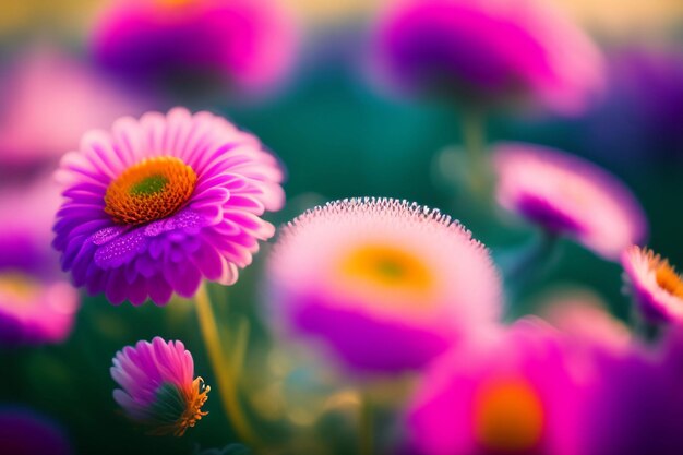 Een roze bloem met een geel hart wordt omringd door andere bloemen.