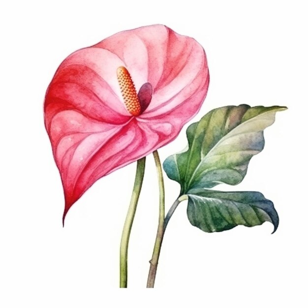 Een roze bloem met een groen blad op een witte achtergrond. aquarel illustratie.