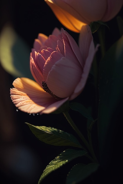 Een roze bloem met een groen blad