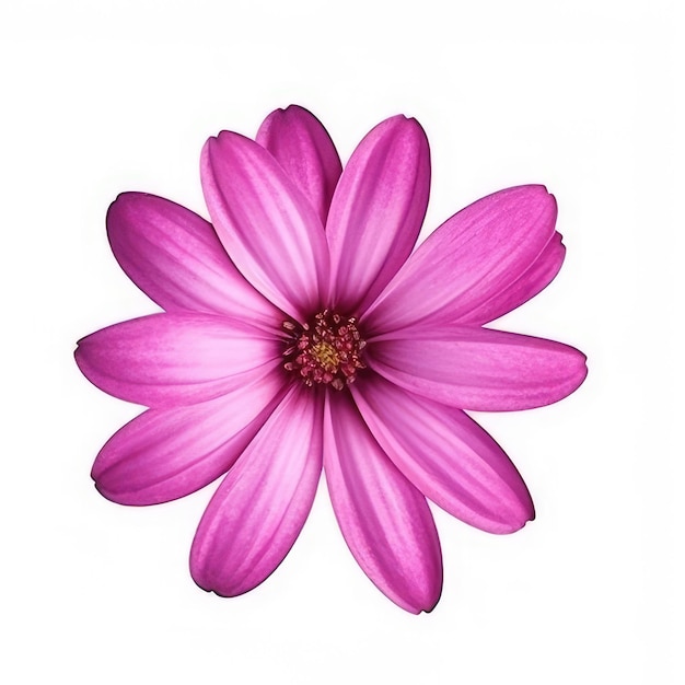 Een roze bloem met een paars hart en het midden van de bloem aan de onderkant.