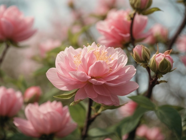 een roze bloem met groene bladeren op de achtergrond en een hemelachtergrond