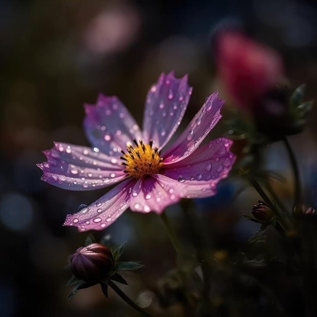 Een roze bloem met waterdruppeltjes erop