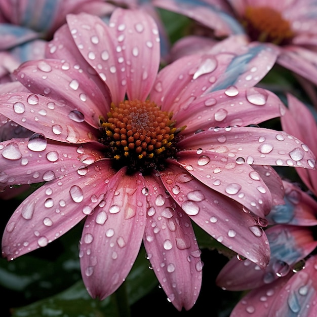 Een roze bloem met waterdruppeltjes erop