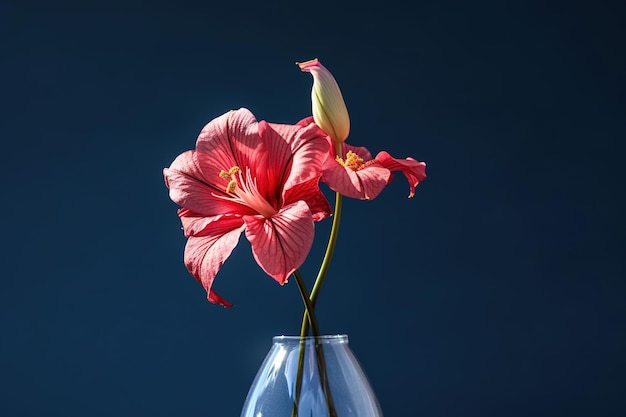 Een roze bloem staat in een vaas met een bloem erop.