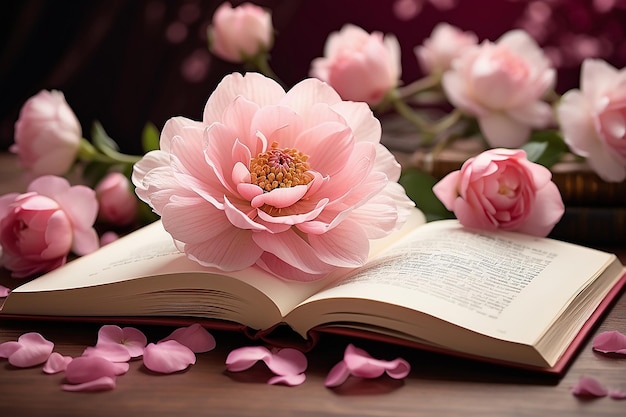 Foto een roze bloem staat op een boek.