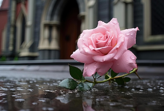 een roze bloem staat op een natte grond in de stijl van een religieus gebouw