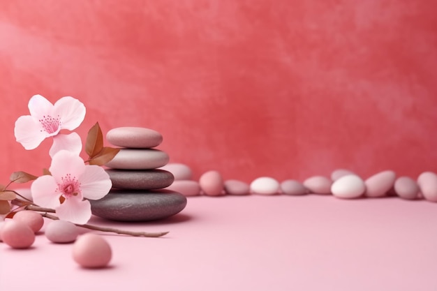 Een roze bloem wordt op een stapel stenen gelegd.