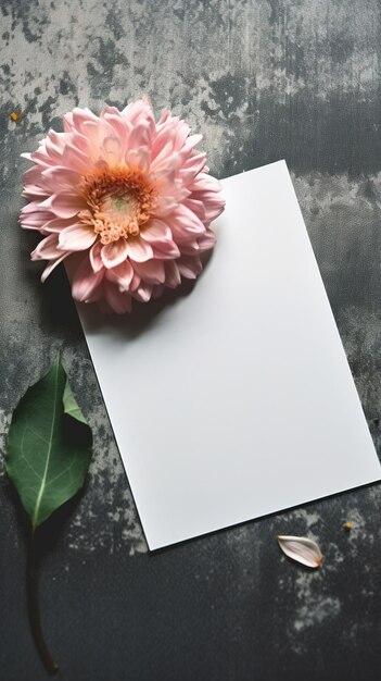 Een roze bloem zit op een wit vel papier met een groen blad erop.