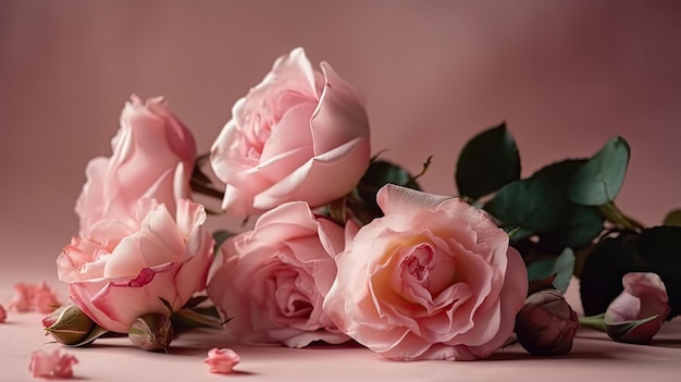 Een roze bloemstuk met een bos rozen op een roze achtergrond