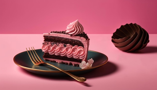 Foto een roze bord met daarop een plakje cake