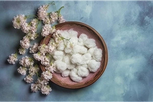 Een roze bord met een bos bloemen erop en een bakje wattenbolletjes erop.