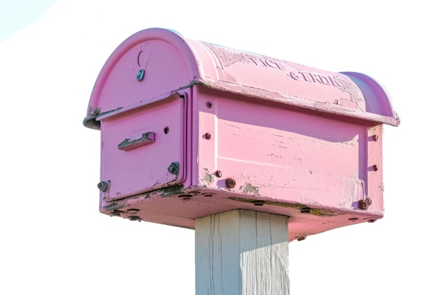 Een roze brievenbus staat bovenop een witte paal op een witte achtergrond