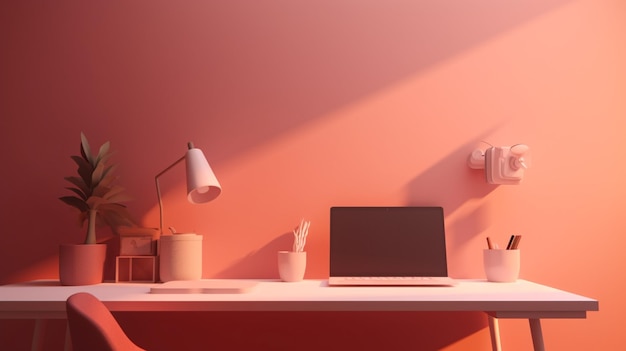 Een roze bureau met een laptop erop en een lamp aan de muur.