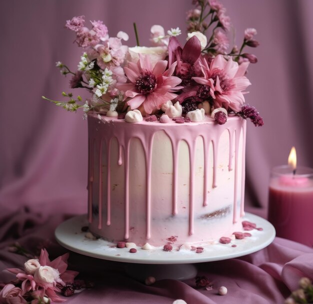 een roze cake heeft roze bloemdruppels